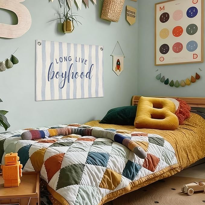 Navy Blue Decor Long Live Boyhood Wall Art,Boy Room Decor,Nursery Playroom Banner Print Wall Decor for Boys Bedroom Living Room Toddler Decorations Teen Boy Kid 30X20 Inch