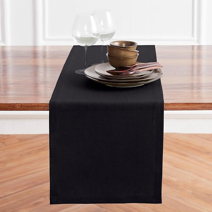 Solino Home Linen Black Table Runner 36 Inches - 100% Pure Linen Short Table Runner 14 x 36 Inch Ideal for Dresser and Coffee Tables - Winter - Diana Medium Weight