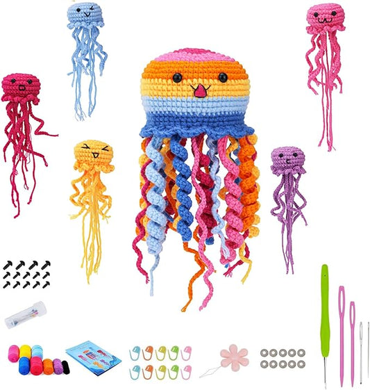 Tavkite Crochet Kit for Beginners, 6 Pack Jellyfish Crochet Starter Kit with Instructions and Video Tutorials, Easy to Learn Crochet Animal Kit for Adults, Knitting Kit for Beginner DIY Craft