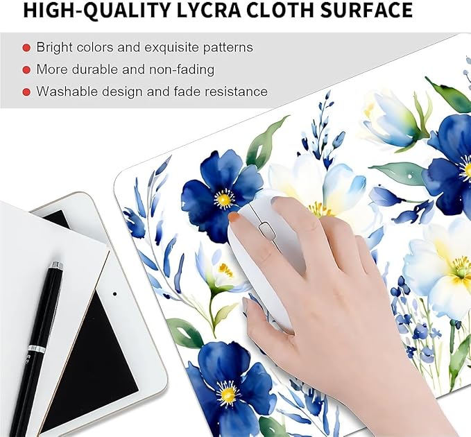 Square Mouse Pad White Blue Flowers 1, Personalized Premium-Textured Custom Mouse Mat Design, Washable Mousepad Cloth, Non-Slip Rubber Base Computer Mouse Pads for Wireless Mouse