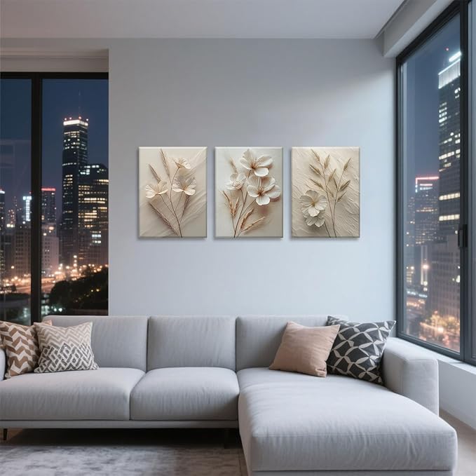 TUEASKY 3 Piece Canvas Wall Art Beige Wall Decor Floral Pictures Flower Art Prints Neutral Botanical Paintings Minimalist Artwork For Bedroom Living Room Office