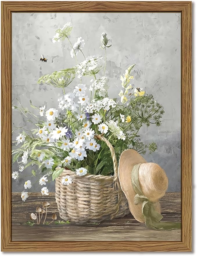 Framed Rustic Daisy Canvas Wall Art, Vintage Farmhouse Floral Pictures Wall Decor, Country Flower Botanical Paintings Prints Aesthetic Home Decor for Living Room Bathroom Bedroom 16X24 inch