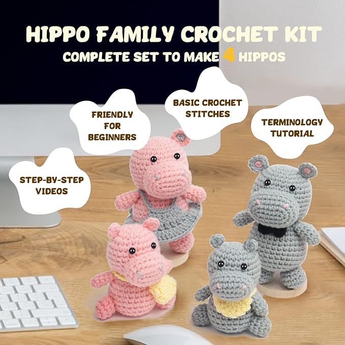 POP COCHE Crochet Kit for Beginners, Crochet Starter Kits for Adults, Amigurumi Craft Knitting Crochet Animal Kit with Step-by-Step Video Tutorials, Hippo Family (40%+ Yarn)