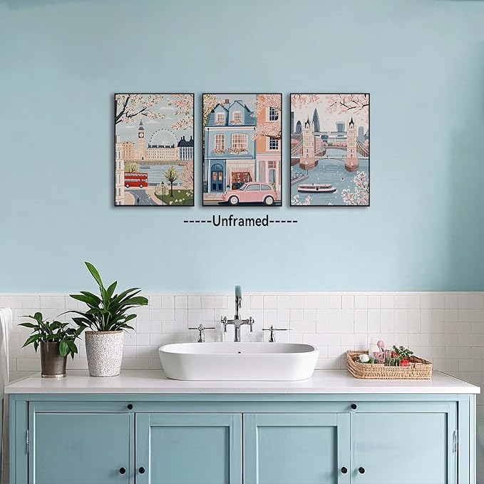 XLARTMY Watercolor City Landscape Travel Wall Art Canvas Framed Pink Cherry Flower Poster Girly Prints Painting Pictures Set of 3 for Bedroom Living Room Office 16x24in Unframed
