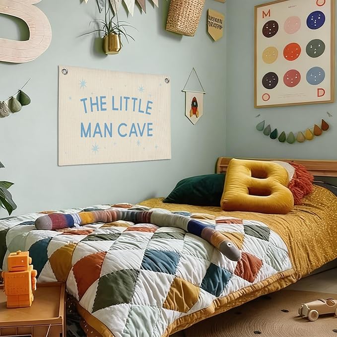 Little Man Cave Boys Room Decor Wall Art,Blue Nursery Wall Decor Hanging Banner Print for Kids Boys Toddler Nursery Room Bedroom Playroom, 30x20 Inch
