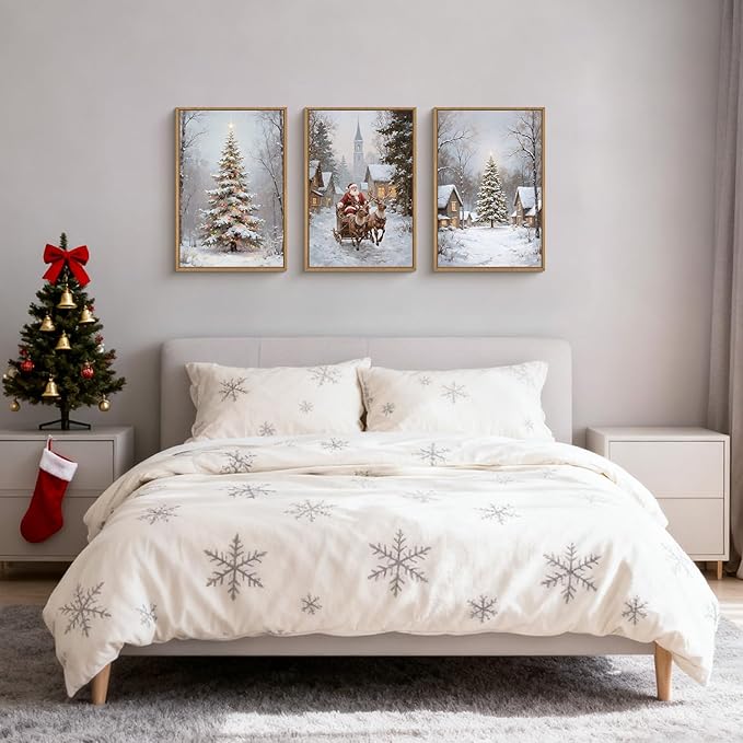HPNIUB Happy Christmas Framed Wall Art Set, Elk Santa Claus Wall Decor, Winter Snowy Landscape Nature Painting, Neutral Christmas Scene Art Prints for Xmas Festival Fireplace Decor-24x 36 x3