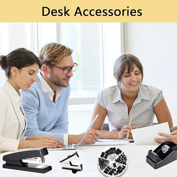 Office Supplies,Desk Accessories,Tape Holder,Stapler,Scissor,Staple Remover,Box of Binder Clips,Staples,Ballpoint Pen,Sticky Notes,Clear Tape,Ruler,Office Supplies Set(Black)