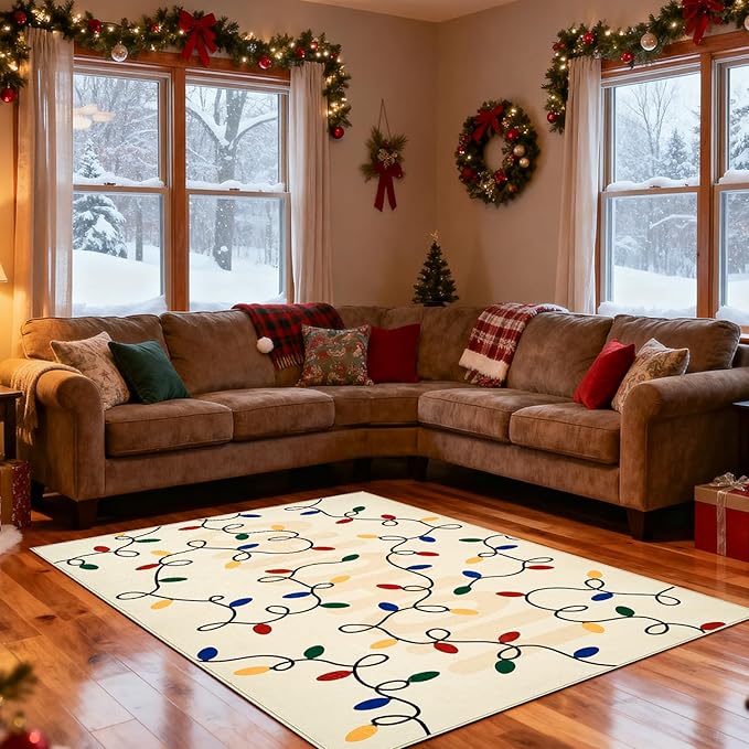 jinchan Jingle Lights Christmas Rug 4x6 for Living Room Bedroom Beige Holiday Decorative Rug for Dining Room Foyer Colored String Lights Printed Xmas Decor Washable Non Slip Floor Carpet