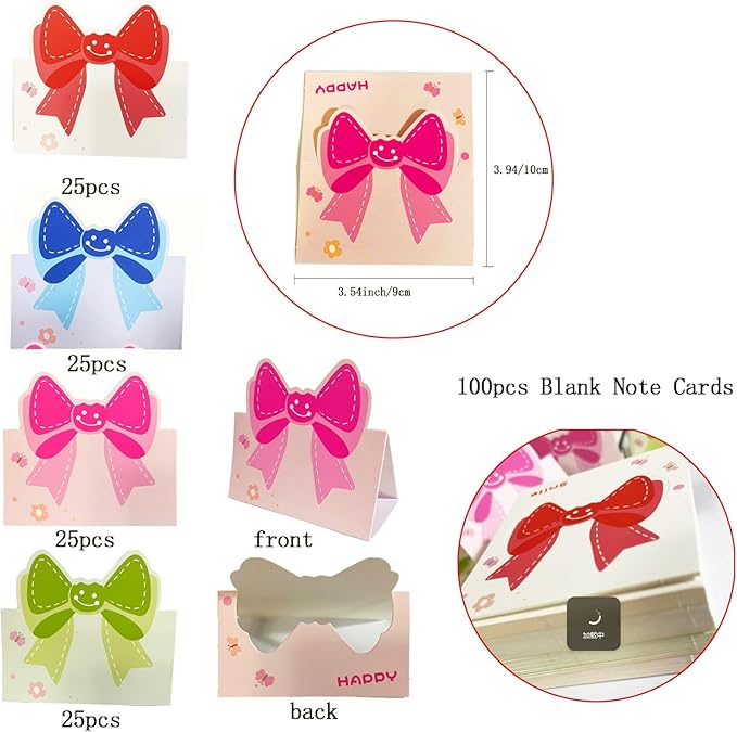 100pcs cute Mini Bow Blank greeting cards, small blank Note Cards, Folded 3.5 x 2 inch, 4 colors design for gifts,messages