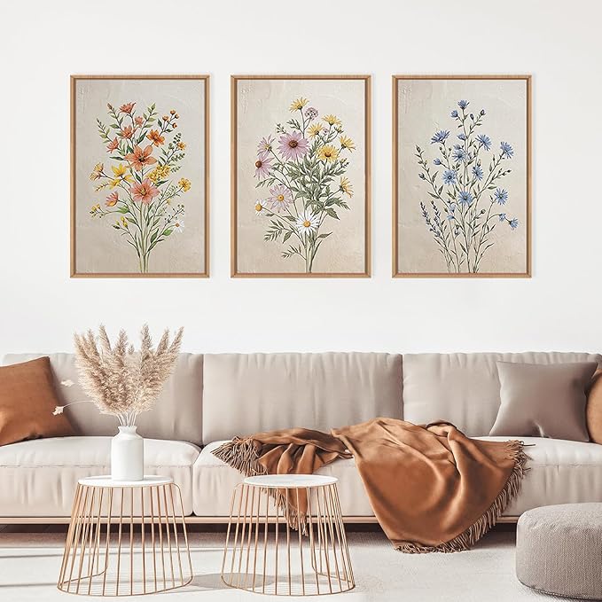 HPINUB Colorful Wildflower Canvas Framed Wall Art Set,Minimalist Botanical Floral Wall Decor,Vintage Flower Artwork,Modern Watercolor Boho Bouquet Art Print for Living Room,Bedroom,Farmhouse-16"x24"x3