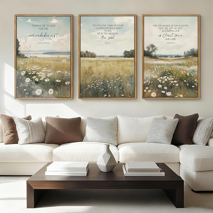 Anyzal Christian Jesus Wall Art Large Bible Artwork Scripture Wildflower Wall Decor for Living Room Bedroom Dining Room 24x36 Inch Set of 3