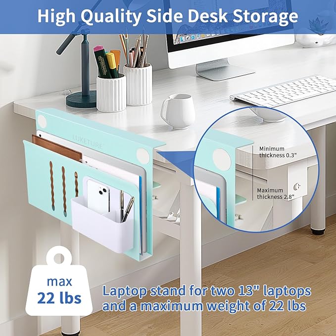 LUKETURE Desk Side Storage, Steel Side Desk Organizer, No Drill Laptop Holder, Clamp on Laptop Mount with Pen Holder, Table Hanging Storage for Home Office, Fits Flat Edge Tables 0.3" to 2.8"