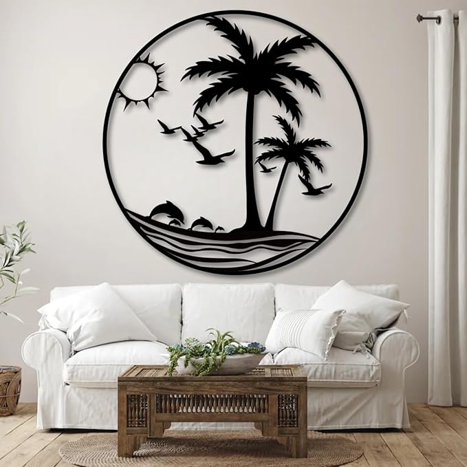 Palm Tree Metal Wall Decor,Palm Tree Outdoor Wall Art,Tropical Palm Tree Wall Decorations for Living Room,Outdoor Wall Decorations for House (19"x19"/47x47 cm, Black)