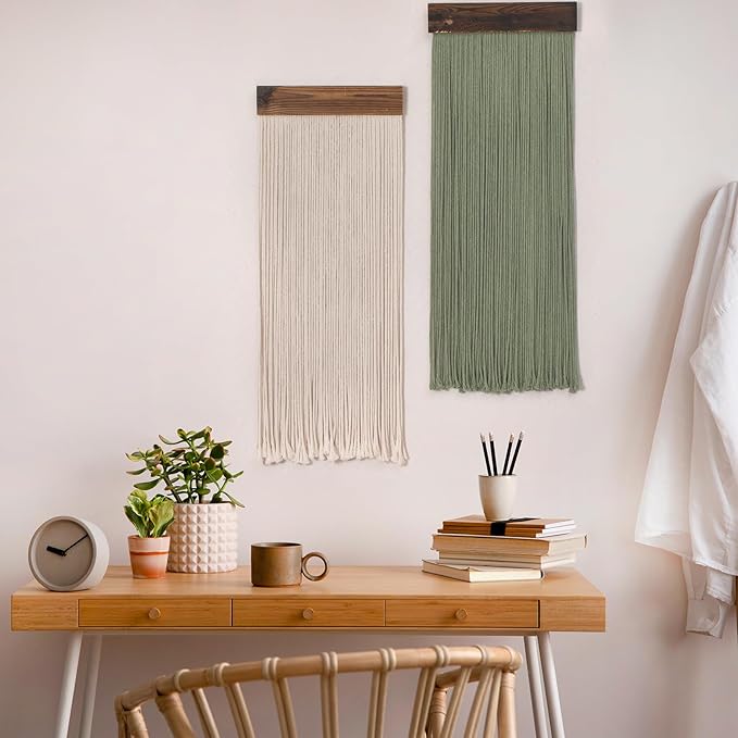 LB Beige Light Green Macrame Wall Hanging Set of 2, Boho Tapestry Wall Hanging Macrame Wall Art Handmade Yarn Woven Wall Art Modern Home Decor Headboard Wall Decor for Bedroom Living Room, 12x31 Inch