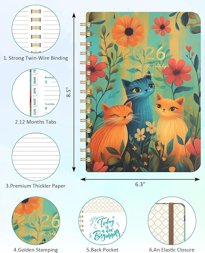 2026 Weekly and Monthly Planner - 2026 Hardcover Calendar Planner, Jan. 2026 - Dec. 2026, Daily Agenda Book with Tabs, Twin-Wire Binding, Back Pocket, School Teacher Student Supplies, A5(6.3" x 8.5") (Cat)