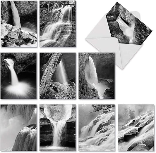The Best Card Company - 10 Blank Note Cards with Envelopes (4 x 5.12 Inch) - Black & White Photos, Bulk Boxed Set - Falling Waters M3312
