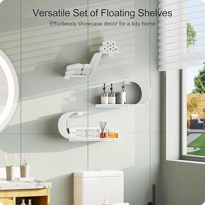 White Floating Shelves Set of 3, White Metal Decor, Unique Mounted Floating Shelf, Modern Long Wall Shelf, Large Wall Shelves for Bedroom, Bathroom, Living Room