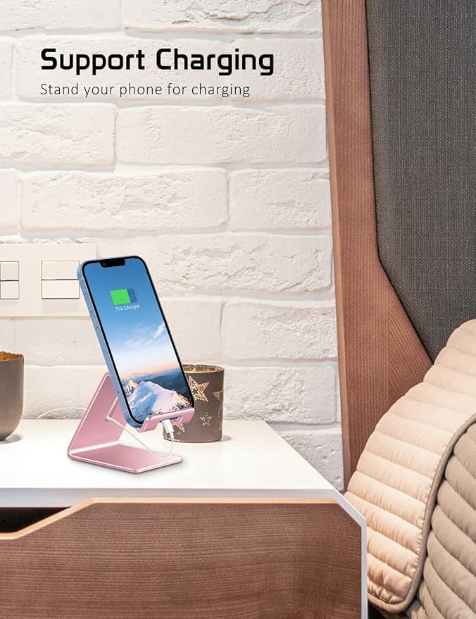 Phone Stand, Aluminum Phone Holder for iPhone 16 15 14 13 12 11 X 8 7 6 Plus 5, Samsung, Huawei, Suitable for All Smartphones, Adding a Touch of Style to Your Office Decor, Rose Gold