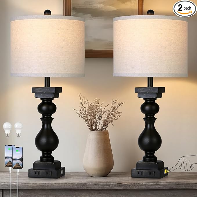 28" Tall Farmhouse Table Lamps Set of 2 with USB C+A Ports and AC Outlet, 3 Way Touch Tall Rustic Bedside Lamps for Living Room, Black Vintage Lamps for Bedroom
