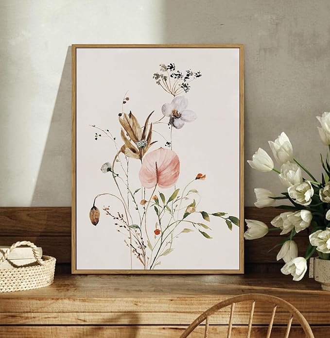 YOYIAXT 2 Pieces Watercolor Botanical Canvas Wall Art For Bedroom Pink Blush Floral Framed Wall Art Minimalist Neutral Flower Art Prints Artwork For Living Room Office, 12x16 in