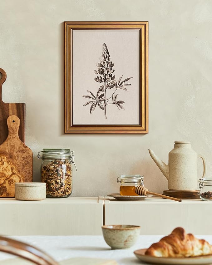 Bzstyleart Vintage Wall Art Decor for Living Room,Upinus Texensis Flowers Painting,Gold Framed Artwork,Sketching Painting Picture,Bedroom Wall Art for Home Decor Aesthetic,12L x 16W