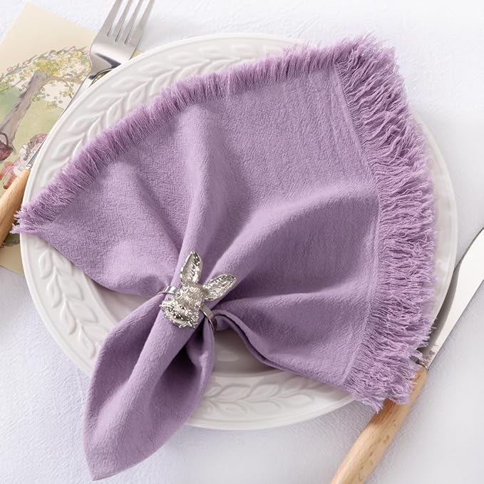 12 Pack Purple Cotton Linen Napkins with Fringe Spring Cloth Napkins Set of 12 Boho Handmade Dinner Napkins Bulk for Wedding Bridal Baby Shower Valentine's Day, 17 x 17 Inches