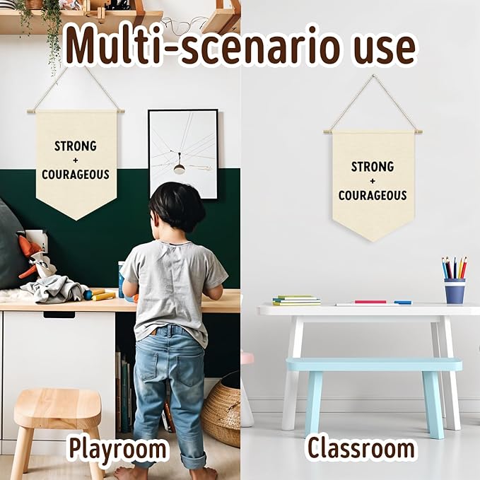 Positive Affirmations Wall Decor,Playroom Boy Nursery Wall Decor,Motivational Bible Verses Strong and Courageous Linen Pennant Banner,Homeshool Wall Art for Kids Room