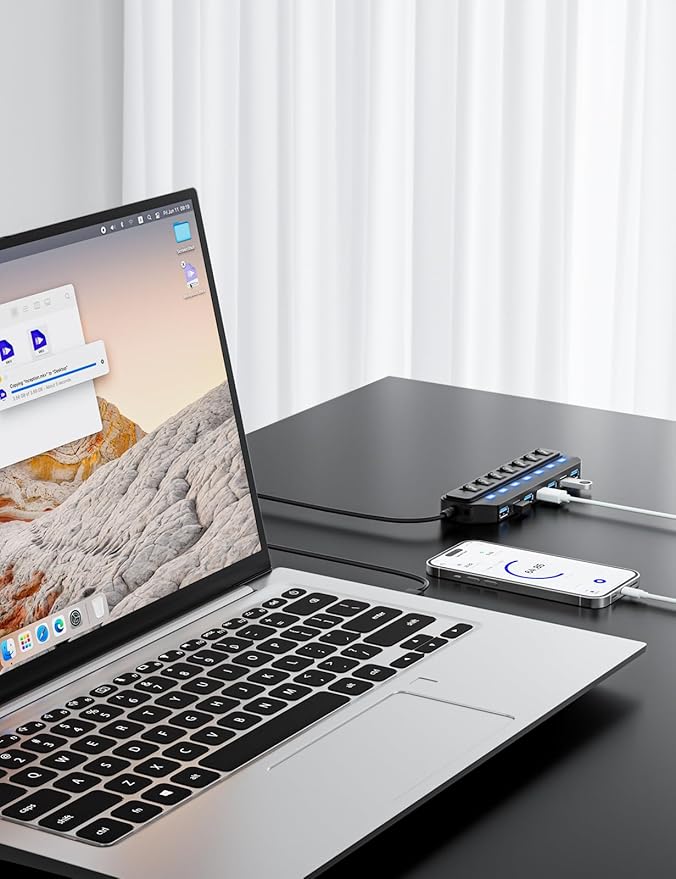 USB Hub 7 Port,USB 3.0 Hub Splitter with Individual On/Off LED Switches, USB Hub for PC, 5Gbps HighSpeed Data for Laptop, Mac, PC, Desktop, PS5, Xbox and More