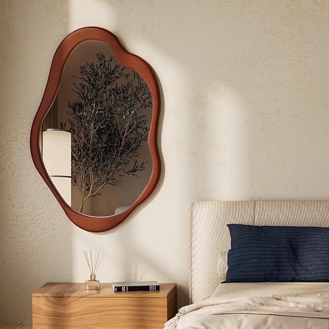 41''x 28' 'Wavy Cloud Mirror Irregular Wall Mirror with Wood Frame, Modern Decorative with Hanging Hooks, Asymmetrical for Bedroom Living Room Entryway Walnut Color
