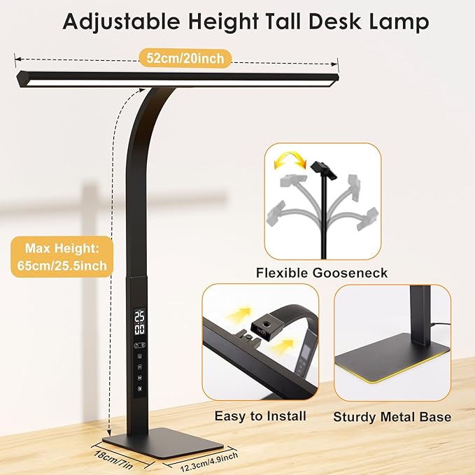 LED Desk Lamp for Office Home: Desk Light with Base 25 Min Pomodoro Timer, Clock LCD Display - 5 Color Stepless Dimming Adjustable Flexible Gooseneck, Lighting Table Lamp for Reading Study Drafting