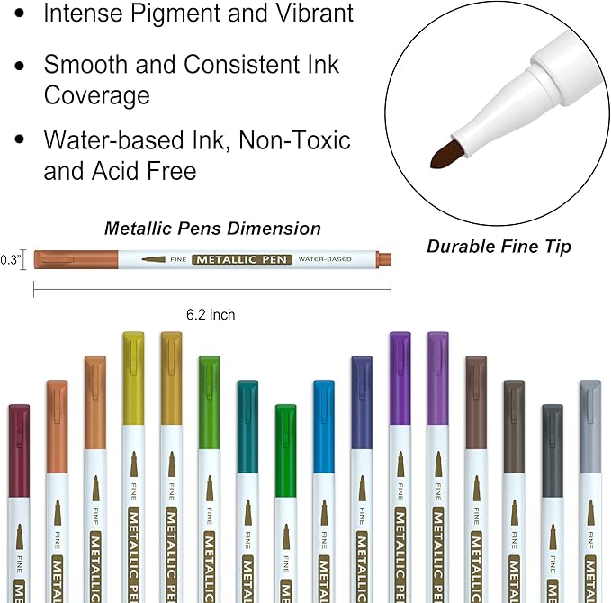 18 Pack Metallic Marker Pens, Lineon 16 Colors Fine Tip Paint Pens with 2 Stencils for DIY Craft Photo Album Rock Art Painting Card Making Glass Wood