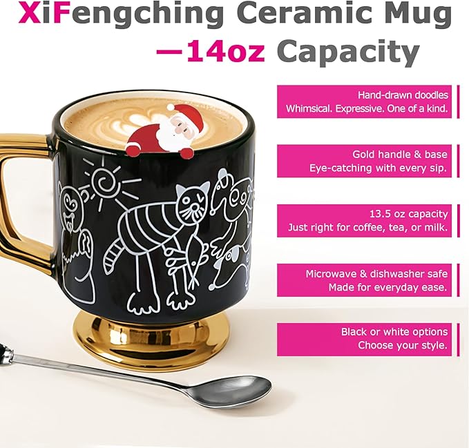 Christmas Mugs Whimsical Animal Ceramic fun Coffee Mug – 14oz Childlike Hand-Drawn Cat, Dog & Bear Design – Cute gothic Coffee Cup Gift for Women, Girls, Kids (Black)