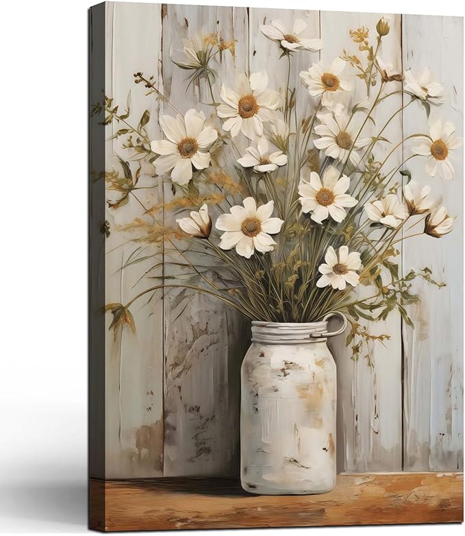 Framed Daisy Jar Vintage Flowers Wall Art Decor Canvas Print Country Poster Gallery Picture Country Plants Farmhouse Art Painting Kitchen Bathroom Living Room Decor 16x24 Inch Ready to Hang