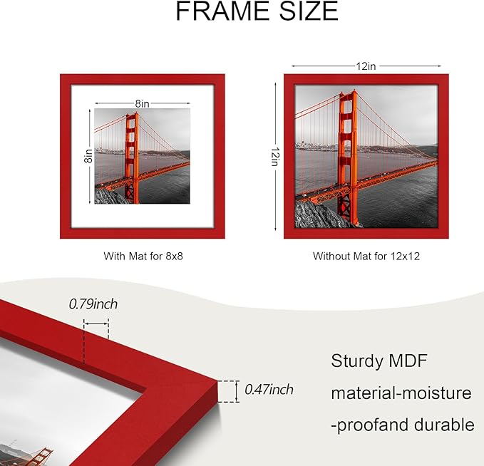 12x12 Picture Frame Set of 9, Photo Gallery Wall Frame Set, Display Pictures 8x8 with Mat or 12 x 12 Without Mat, Square Frame Picture Frames Collage Wall Decor, Red