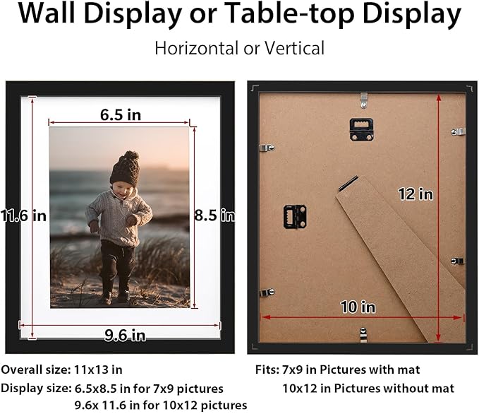 KINLINK 10x12 Picture Frame Black, Solid Wood Frames with Acrylic Plexiglass for Pictures 7x9 with Mat or 10x12 without Mat, Tabletop and Wall Display Photo Frame, Set of 4