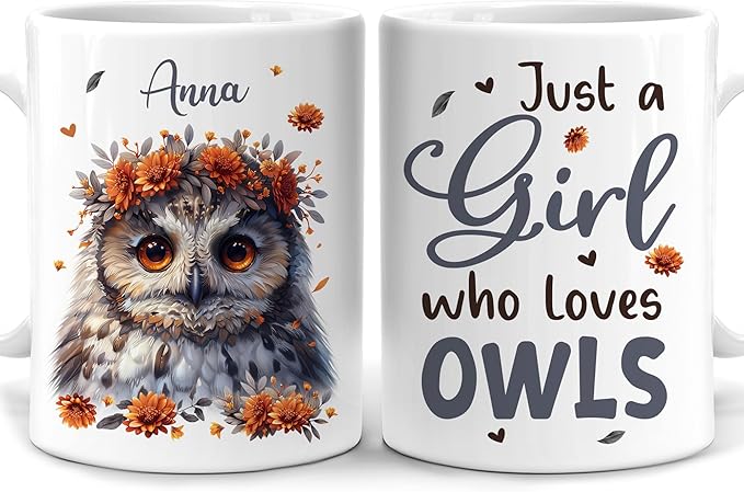 Hyturtle Personalized Cute Owl Coffee Mug - Just A Girl Who Loves Owls - Animal Lover Gift for Women - Birthday Christmas - Custom Ceramic Cup 11oz - 15oz