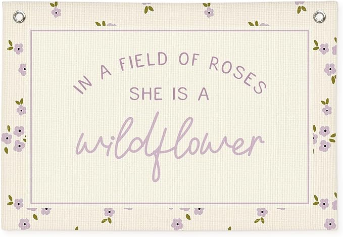 Wildflower Nursery Decor, Girls Room Decor - In a Field Full of Roses She Is a Wildflower Pink Linen Banner Flag for Little Girl Baby Girl - Purple Wildflower