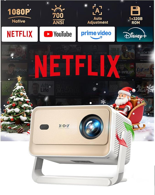 【Compatible with Netflix & Auto Focus】Xgody Gimbal N6 PRO 700 ANSI Native 1080P Smart Projector with WiFi 6 and Bluetooth, 4D Auto Keystone & Voice Controll Portable 4K Support FHD Home Projector