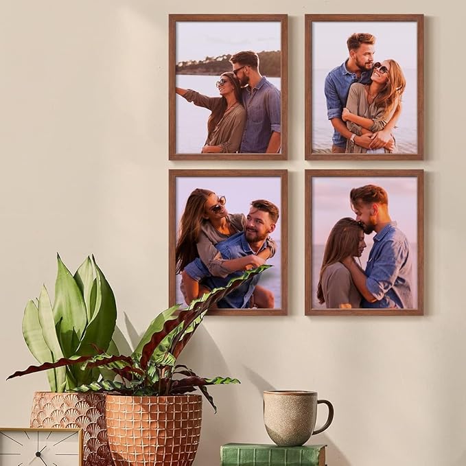 Renditions Gallery Set of 4, 8X10 Custom Photo Prints with Real Wood Picture Frames. Create Personalized Photos with Peel & Stick Photo Frames. Brown Frame