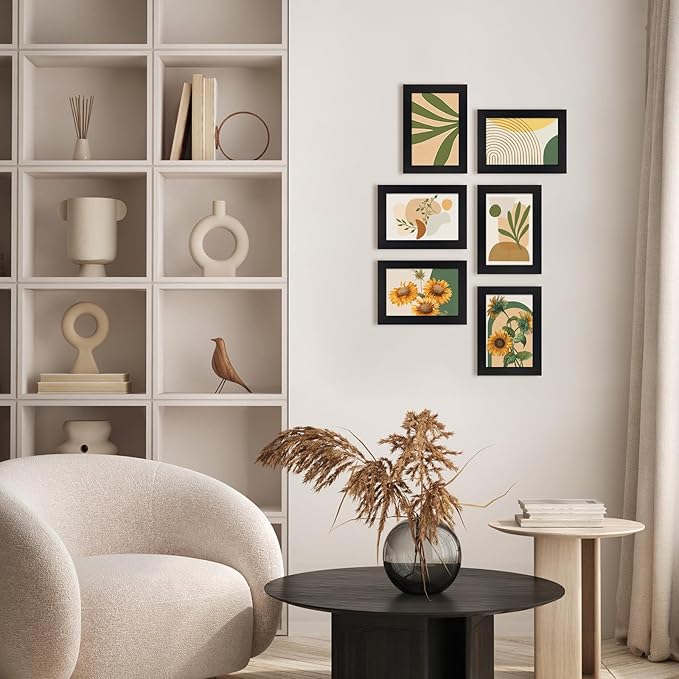 Egofine 4x6 Set of 6, Made of Solid Wood Covered by Plexiglass 3x4.5 and 3.5x5 with Mat or 4x6 without Mat, for Table Top Display and Wall Mounting Photo Frame, Black