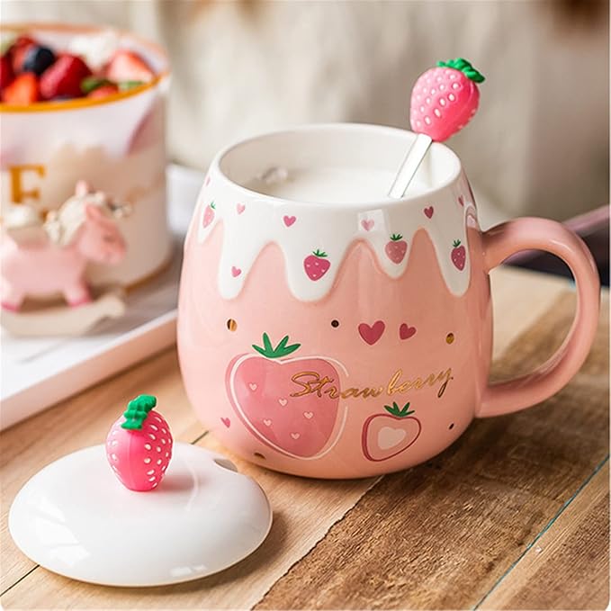 Coffee Mug Cups Ceramic Tea Cup Fruits Strawberry Shaped Handmade Cute Mugs With Lid Spoon Handle Office Home Hot Ice Chocolate Milk Mugs Gifts Microwave Dishwasher Safe Travel Mugs (Pink)