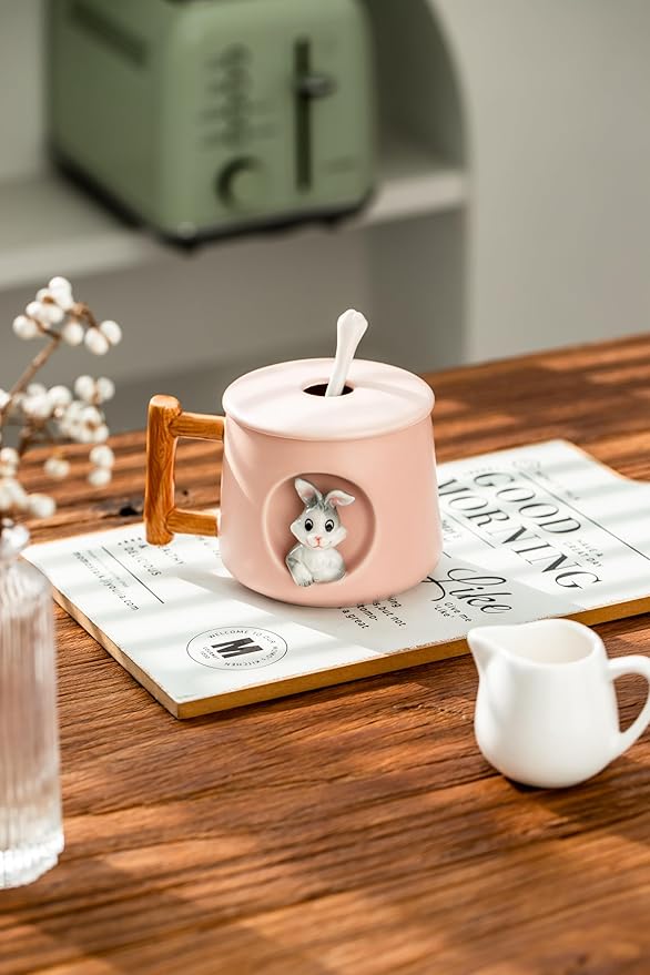 DIHOclub Adorable 3D Ceramic Rabbit Mug with Lid and Spoon Perfect for Coffee, Tea, Milk, and More - Ideal Gift for Bunny Lovers - 14 Ounces (Pink)