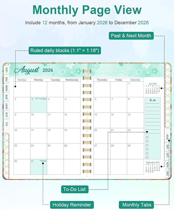 2026 Weekly and Monthly Planner - 2026 Hardcover Calendar Planner, Jan. 2026 - Dec. 2026, Daily Agenda Book with Tabs, Twin-Wire Binding, Back Pocket, School Teacher Student Supplies, A5(6.3" x 8.5") (Bird)