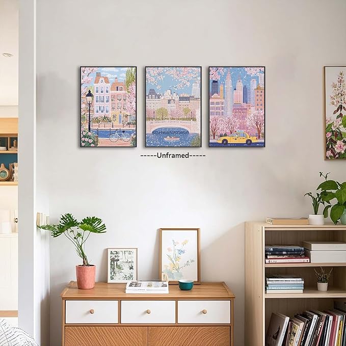 XLARTMY Watercolor City Landscape Travel Wall Art Canvas Framed Pink Cherry Flower Poster Girly Prints Painting Pictures Set of 3 for Bedroom Living Room Office 16x24in Unframed