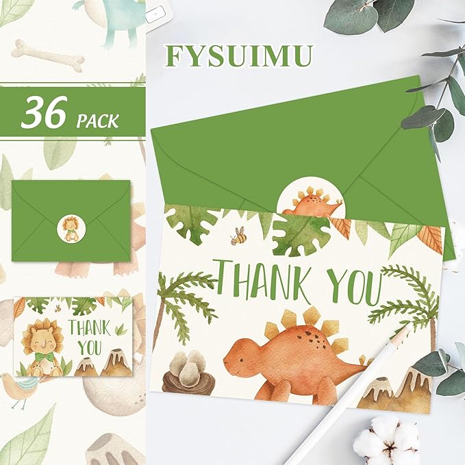 36 Pack Dinosaur Thank You Cards Cute Greeting Cards with Envelopes Stickers Blank Note Cards for Birthday Baby Shower, 4 x 6 Inch
