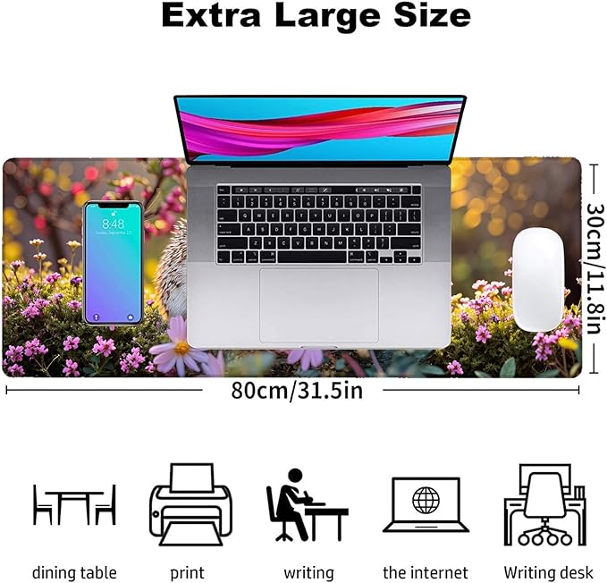 Hedgehog Gaming Mouse Pad, Office Desk Mat, Anti-Slip Rubber Base Cool Aesthetic Mouse Pads for Computer Laptop Keyboard School Home Desktop Gamer Home Accessories Decor 31.5" x 11.8"