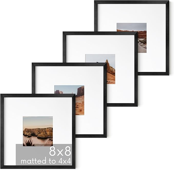 HAUS AND HUES 8x8 Black Metal Picture Frames Matted to 4x4 - Features Premium Aluminum & Hanging Hardware, Shatterproof Plexiglass - Ideal for Home, Room, Office (8x8 in, Black, Set of 4)