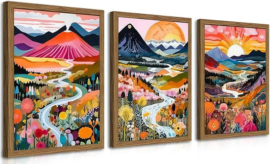 Wood Frame Boho Colorful Wall Art, Set of 3 Abstract Watercolor Mountain Landscape Wall Decor Paintings, Modern Flower Aesthetic Posters Prints for Living Room Bathroom Bedroom 16x24In Framed