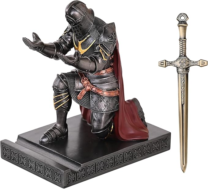 King's Guard Leader Cloak Warrior Knight Pen Holder Mobile Phone Stand, Ornament Knight Statue, Pen Stand Paperweight for Office and Home (Iron)