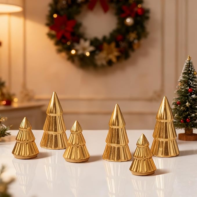 WDS WONDROUS Metallic Mini Christmas Trees Gold, Set of 6 Small Christmas Trees Figurine Tiered Tray Decor, Xmas Tabletop Decorations Table Centerpiece Office Mantel Shelf